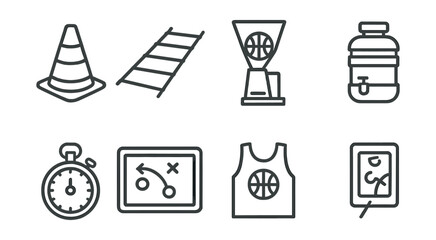 Basketball training essentials icons set – cone, ladder, basketball, stopwatch, whiteboard