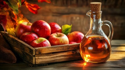 Inviting Scene of Apple Cider Vinegar Bottle, Apples Spilling from Tray on Wooden Table with Blurred Wooden Wall Background