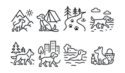 Obraz premium Outdoor adventure with dogs icons set – camping, hiking, fetch, swimming, city walk