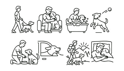 Dog care activities icons set &ndash; walking, grooming, bathing, playing, feeding, traveling, cuddling