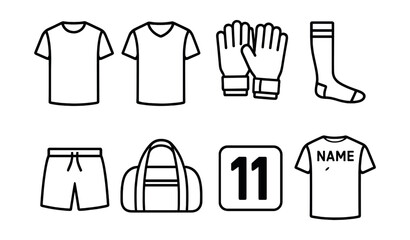 Soccer apparel icons set – jersey, shirt, gloves, socks, shorts, bag, number, custom
