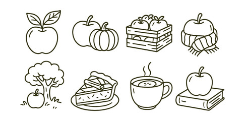 Autumn harvest icons set – apple, pumpkin, basket, scarf, tree, pie, coffee, book