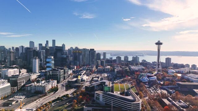 Daytime Aerial Panorama of Seattle Skyline with Iconic Space Needle and Waterfront. Top cinematic aerial view. Washington USA