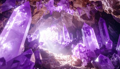 Jagged amethyst crystals lining the cavern walls, shimmering with soft violet hues under a natural skylight breaking through the rocky ceiling