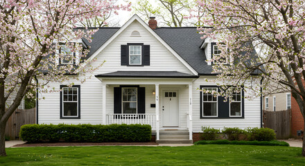 White House Exterior With Blooming Cherry Trees in a Suburban Neighborhood