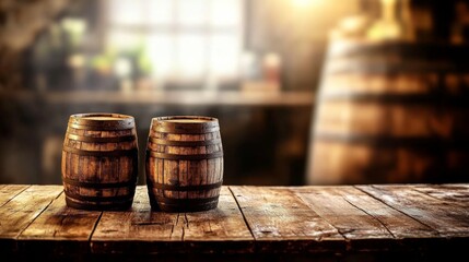 Rustic wooden barrels on table with warm lighting in dimly lit room, creating cozy atmosphere