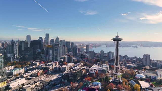 Daytime Aerial Panorama of Seattle Skyline with Iconic Space Needle and Waterfront. Top cinematic aerial view. Washington USA