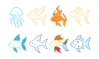 Naklejka premium Aquatic life icons set – jellyfish, flying fish, fiery fish, goldfish