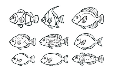 Aquatic life icons set – clownfish, angelfish, tang, pufferfish, tropical