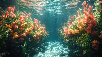 Underwater scene shows coral and rocks with sunlight filtering through water surface.