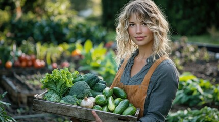 A woman in a white chef's jacket smiles as she carries a wooden crate filled with fresh vegetables, including leeks, lettuce, and bright orange carrots.