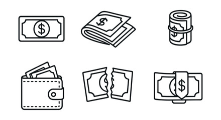 Currency and finance icons set &ndash; cash, wallet, bills, dollar, money