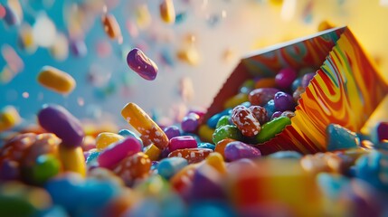 A box of candy artistically designed with colorful packaging for a sweet treat experience on a bright surface