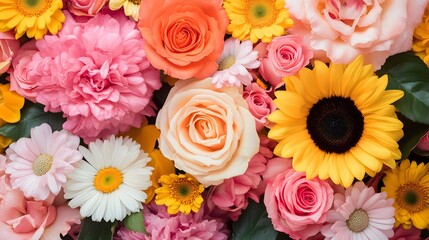 Vibrant Floral Bouquet with Roses, Sunflowers, and Daisies