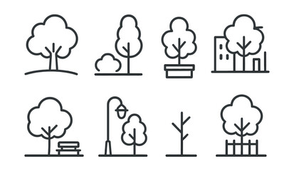 Fototapeta premium Urban nature icons set – trees, bushes, benches, lamp, buildings, fences