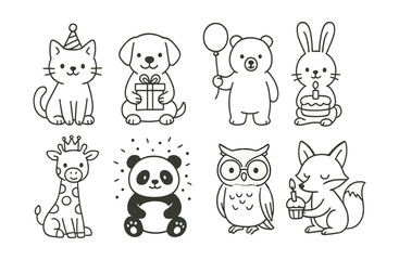 Obraz premium Cute animal celebration icons set – cat, dog, bear, rabbit, giraffe, panda, owl, fox