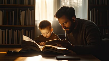 A smiling adult man and a child are sitting at a wooden table in a library, engaged in a joyful conversation.
