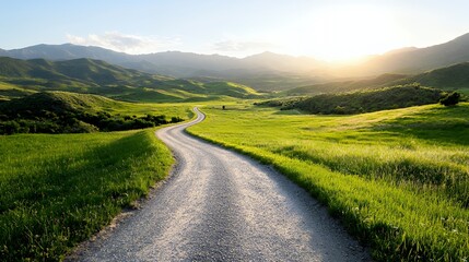 Winding Road Through Green Fields and Rolling Hills at Sunset