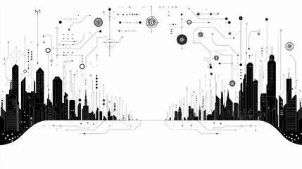 Obraz premium Digital Skyline: A high-tech cityscape seamlessly merges with the digital realm. Representing connectivity, data flow, and modern urbanism, all rendered in a sleek, minimalist aesthetic.