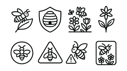 Fototapeta premium Bee conservation icon set – bees, flowers, hive, honeycomb, nature