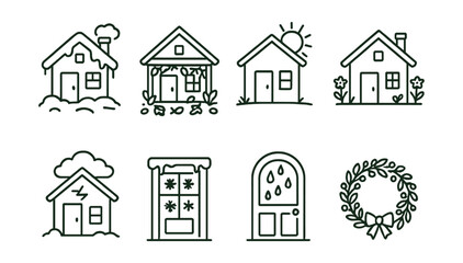 Fototapeta premium Seasonal house icons set – winter, autumn, summer, spring, home, weather, doorway, wreath