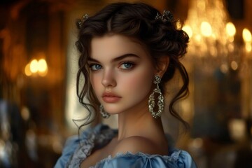 Fototapeta premium Elegant Portrait of Young Woman with Dark Hair in Blue Dress and Sparkling Earrings in Luxurious Setting