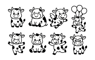 Obraz premium Cute cow character icons set – cartoon, flying, balloons, glasses, happy, sitting, dancing, wings