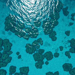 An aerial view of sunlight reflecting off the clear sea