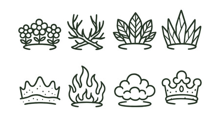 Nature-themed crowns icons set – flowers, antlers, leaves, grass, gems, fire, cloud