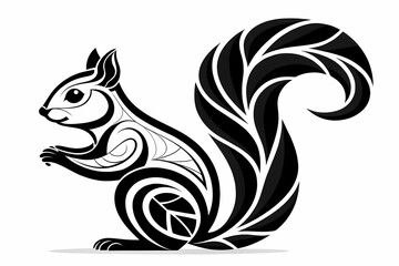 Elegant Stylized Squirrel Illustration Black and White Tribal Animal Art Design