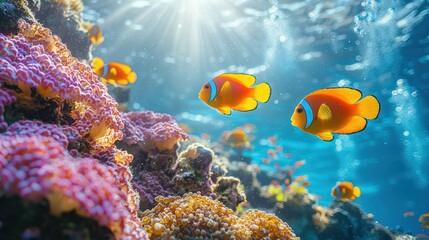 Fototapeta premium Underwater scene with colorful coral reef and small orange fish swimming.