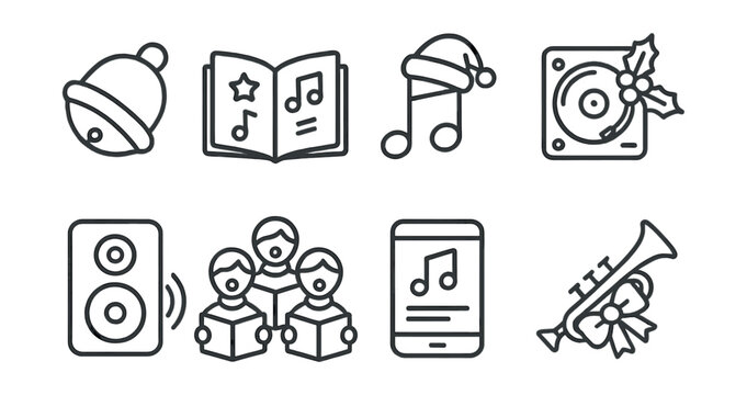 Christmas music icons set – jingle bell, carol book, festive note, vinyl, speaker, choir, mobile, trumpet