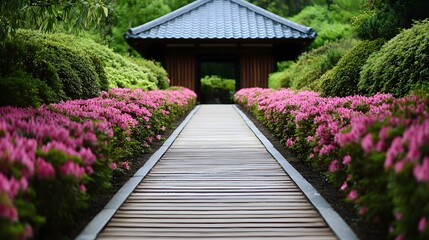 Fototapeta premium Tranquil Japanese Garden Sanctuary Beckons with Vibrant Floral Path to Peaceful Retreat