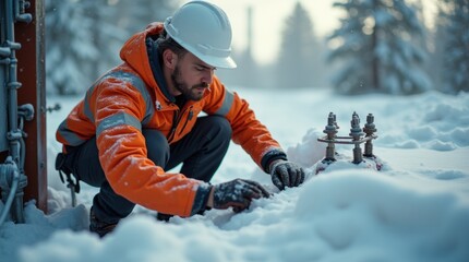 Utility worker in orange jacket and helmet repairing equipment outdoors in snowy winter conditions.

