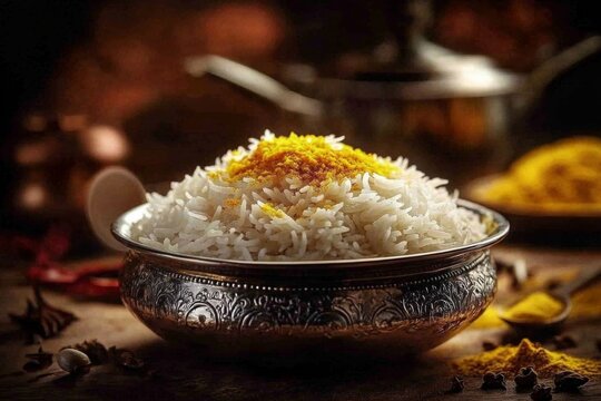 Rustic bowl of fluffy cumin rice garnished with spices on wooden table with kitchen utensils in background