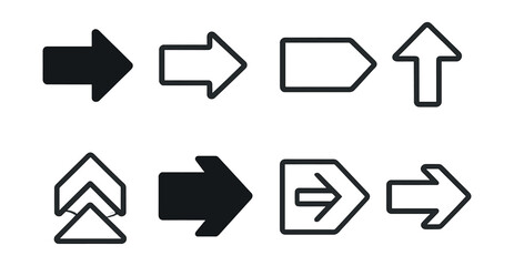 Directional arrow icons set – solid, outline, upward, forward, navigational, bold, simple, clear design