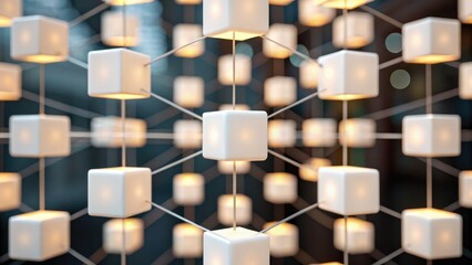 Illuminating Floating Cubes Connecting in a Cloudy Atmosphere Digital Art Display Modern Aesthetic High-Tech Environment Conceptual Visualization of Innovative Ideas