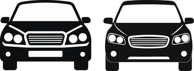 Simplified black and white illustration of car front view, minimalist automotive icon, geometric shapes, symmetrical composition, clean lines, abstract grill design, vector graphic style.