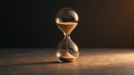 Elegant glass hourglass with flowing sand, illuminated by warm soft light.

