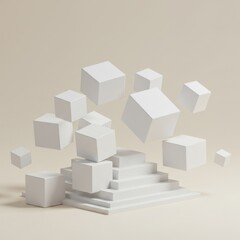 Abstract 3D Rendering: White Cubes Falling onto a Geometric Staircase Platform Against a Beige Background