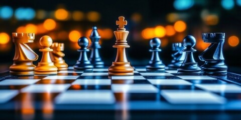 Chessboard with glass pieces in cityscape lights, focus on kings, low angle view, dark mood