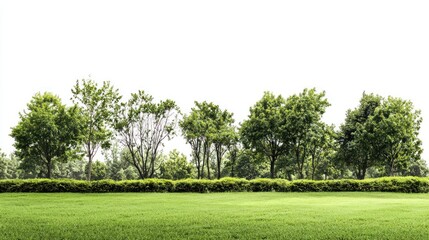 Open park landscape with wide green lawns, bushes, and sparse trees on white background.