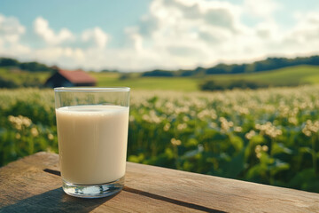 Soy Milk Glass on a Sunny Farm. A glass of soy milk sits on a wooden surface, with a picturesque farm in the background.