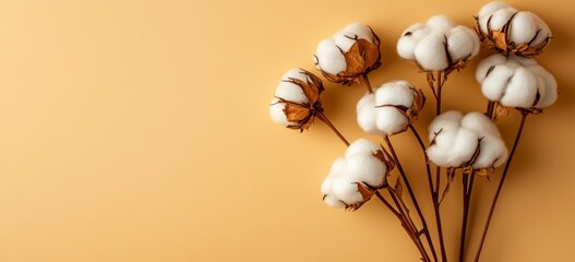 Cotton Flowers Flat Lay on Beige Background with Minimalist Aesthetic, White Fluffy Blooms, Dried Brown Stems (15 words)