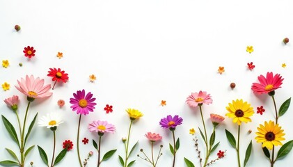 Delicate, scattered wildflowers on white background, simple, texture, design