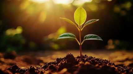 Serene View of Small Plant with Two Leaves Growing in Freshly Dug Dark Soil in Sunny Garden Setting