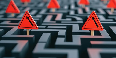 legal contract risk management concept. Red warning signs in a complex maze structure.