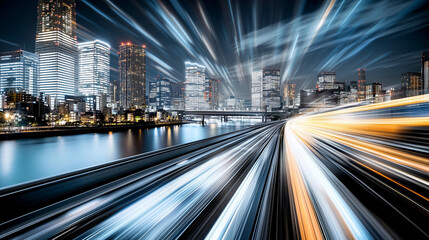 Obraz premium High-speed train motion in a modern cityscape at nighttime