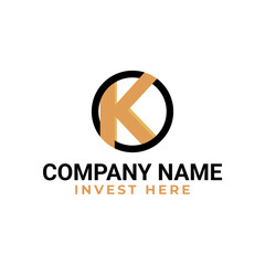 A minimalist and stylish business logo featuring a letter "K" incorporated within a circular design, accompanied by the company name and tagline "Invest Here".
