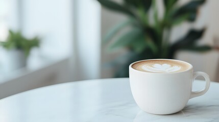 Fototapeta premium Inviting Cup of Artisanal Coffee Resting on Elegant Marble Table in Cozy Cafe Setting